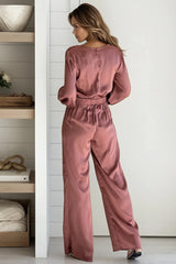 Mauve Satin Jumpsuit With Puff Sleeves