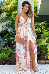 Beige Floral Halter Neck Maxi Dress With Slit