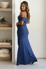 Indigo Off Shoulder Glitter Maxi Dress