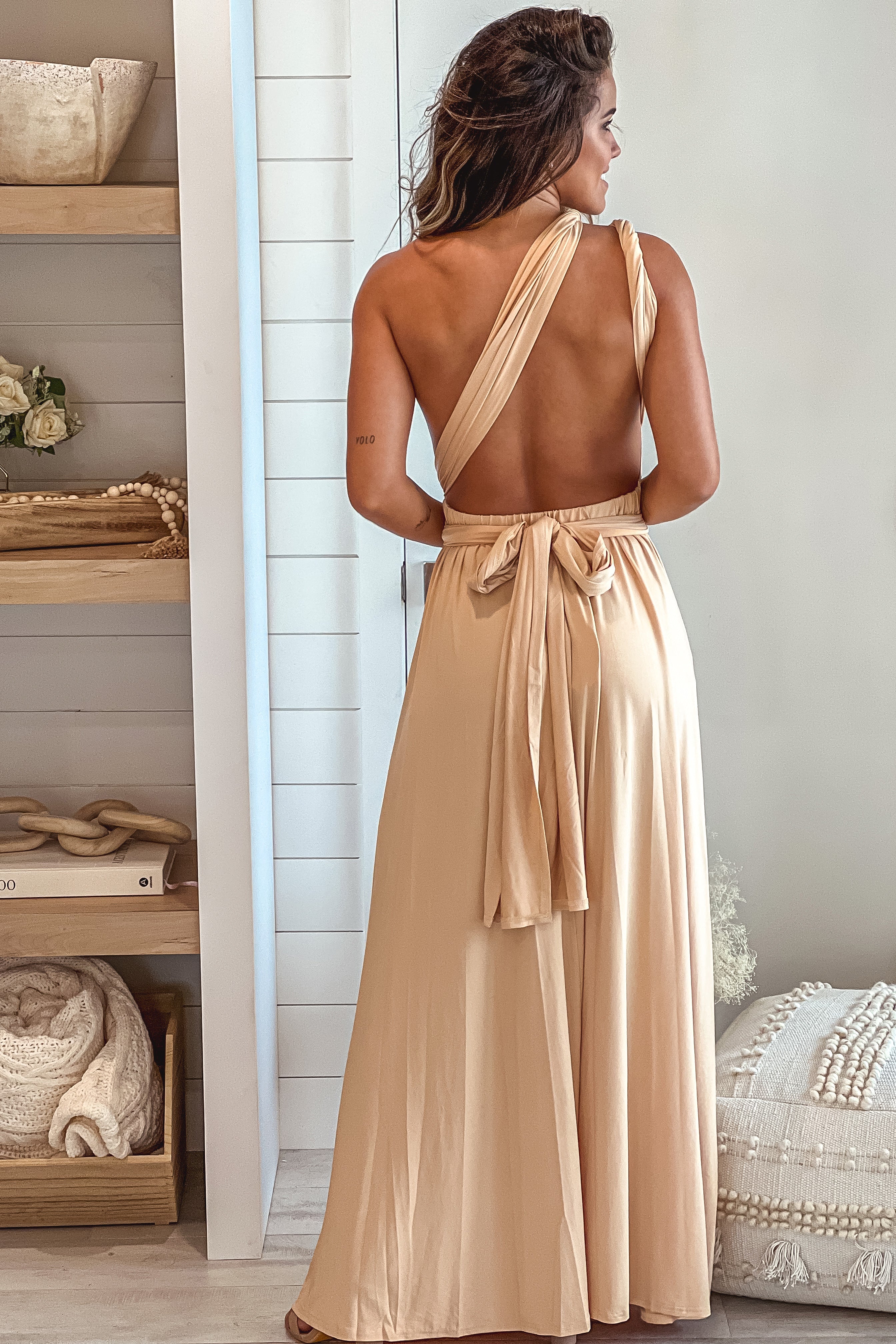 Taupe Multi Tie Maxi Dress With Slit