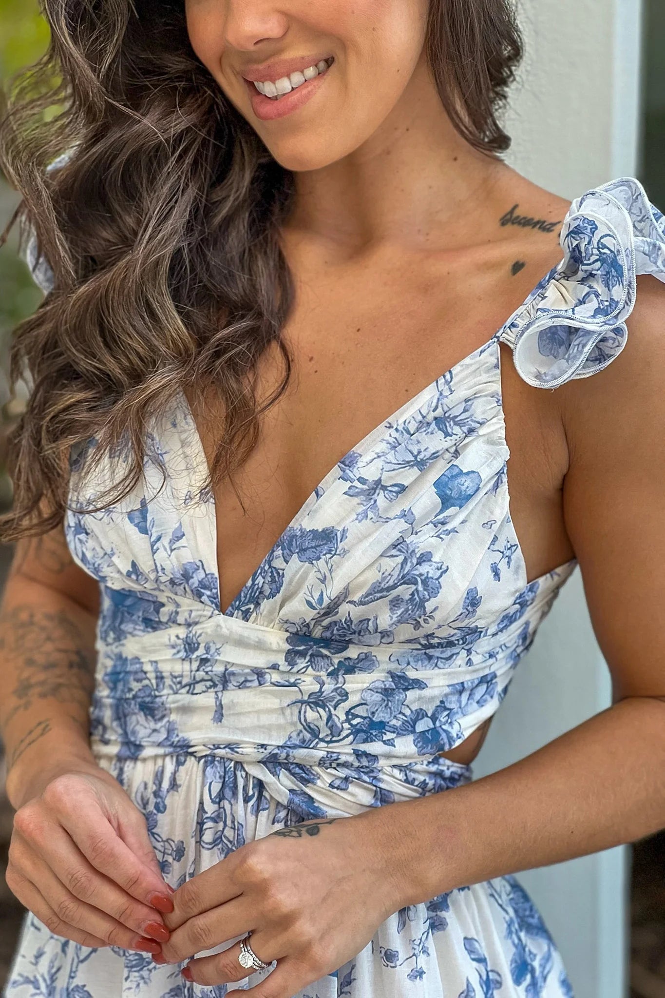White And Blue Floral Swirly Straps Short Dress