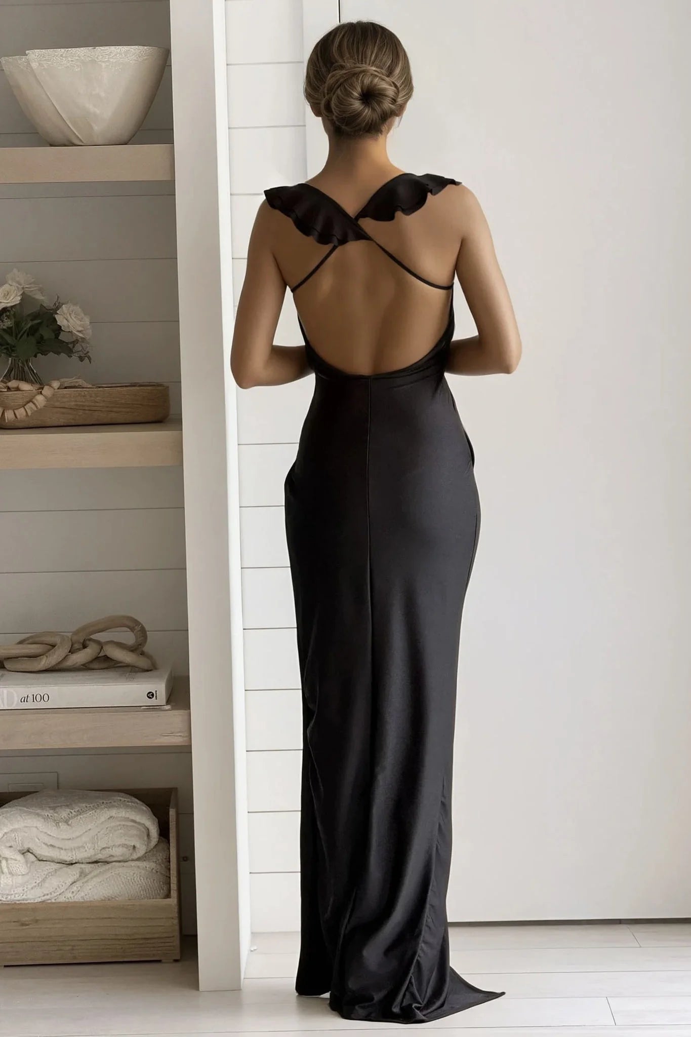 Black Maxi Dress With Slit And Criss Cross Back