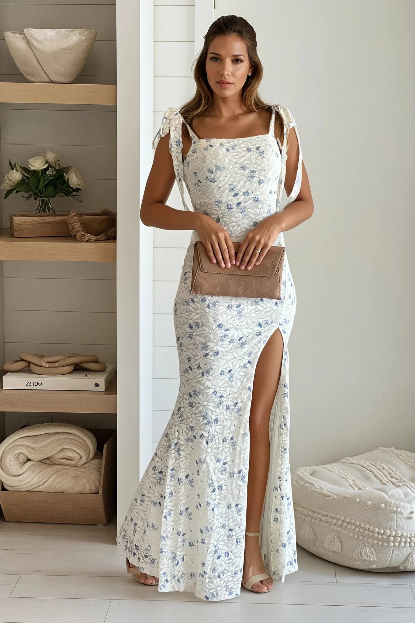 Ivory And Blue Floral Maxi Dress With Slit