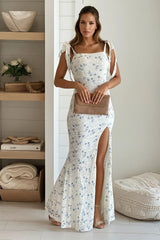 Ivory And Blue Floral Maxi Dress With Slit
