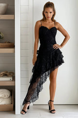 Black Lace Asymmetrical Hem Ruffle Mini Dress