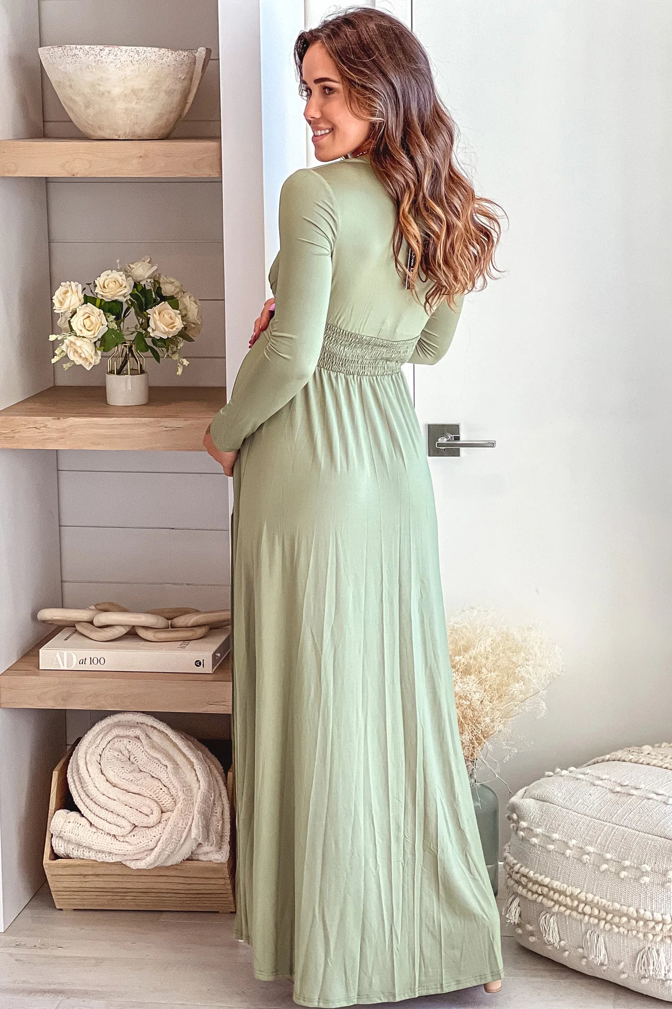 Olive Maternity Maxi Dress with Long Sleeves