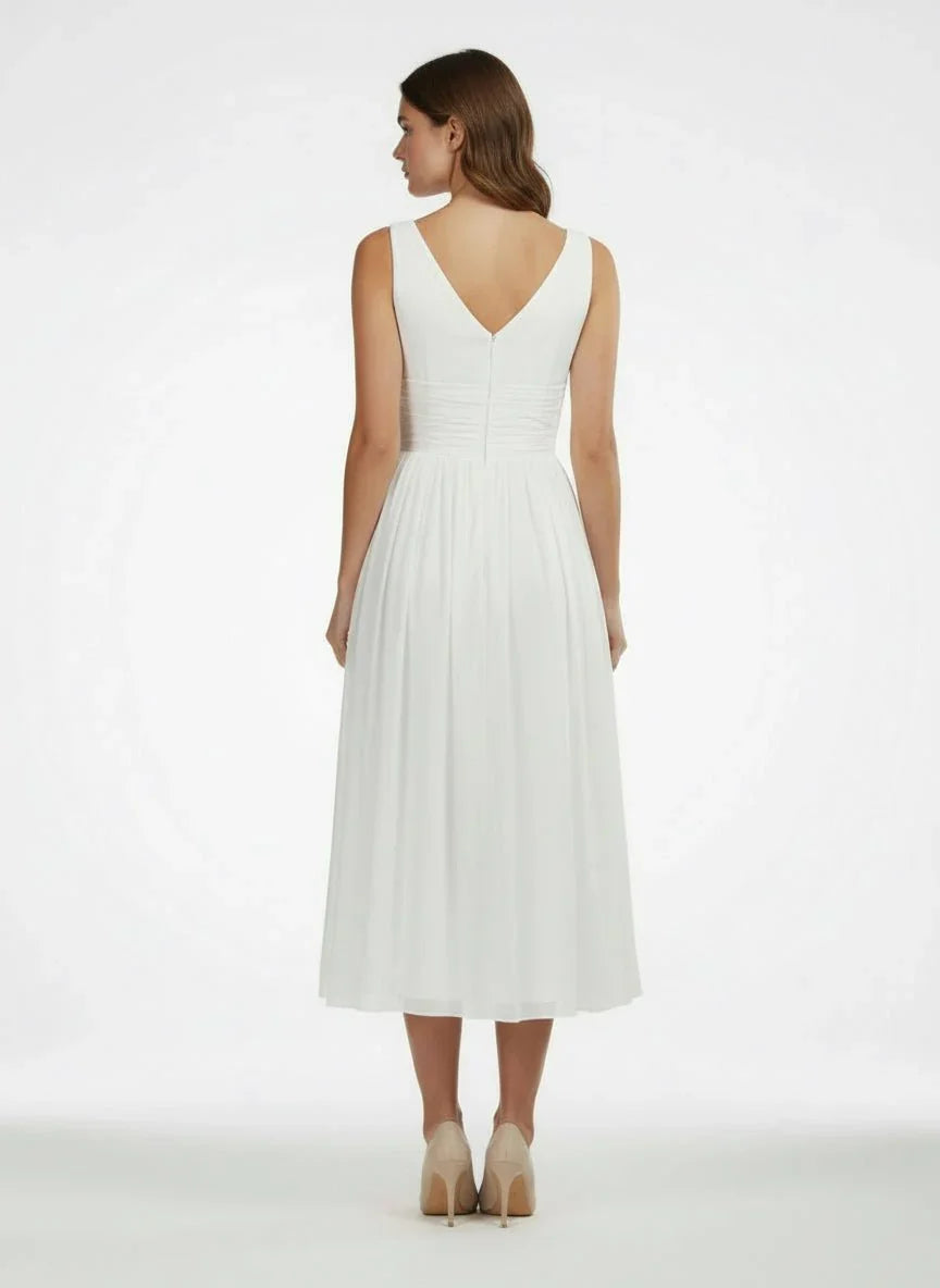 V Neck Sleeveless Tea Length Chiffon Wedding Dress With Ruching And Low V Back