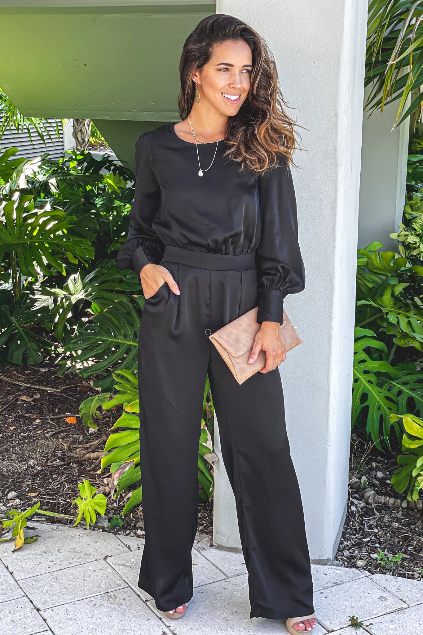 Black Satin Jumpsuit With Puff Sleeves