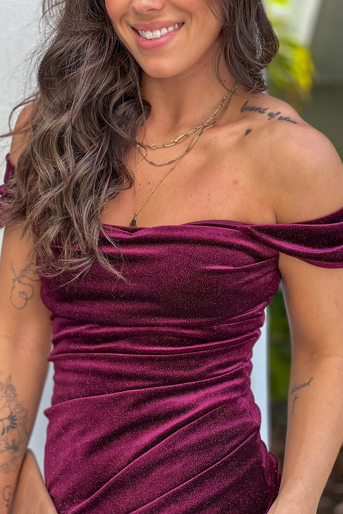 Burgundy Velvet Glitter Off Shoulder Midi Dress