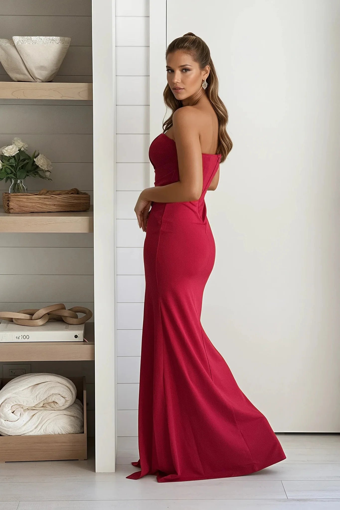 Red Maxi Dress With Rhinestone Waist Detail And Slit