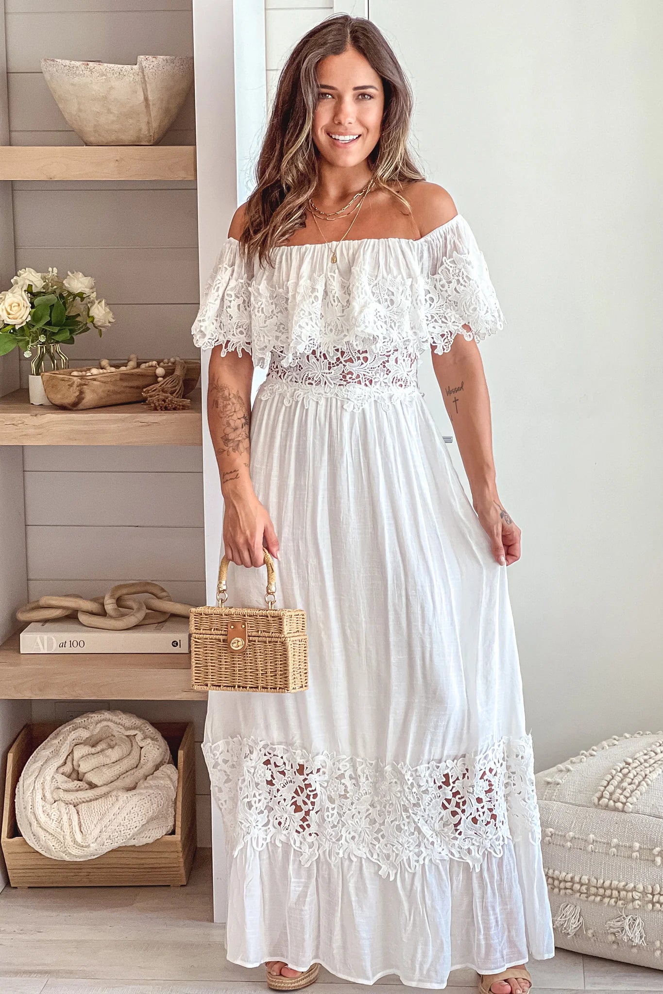 Off White Maxi Dress With Lace Trim
