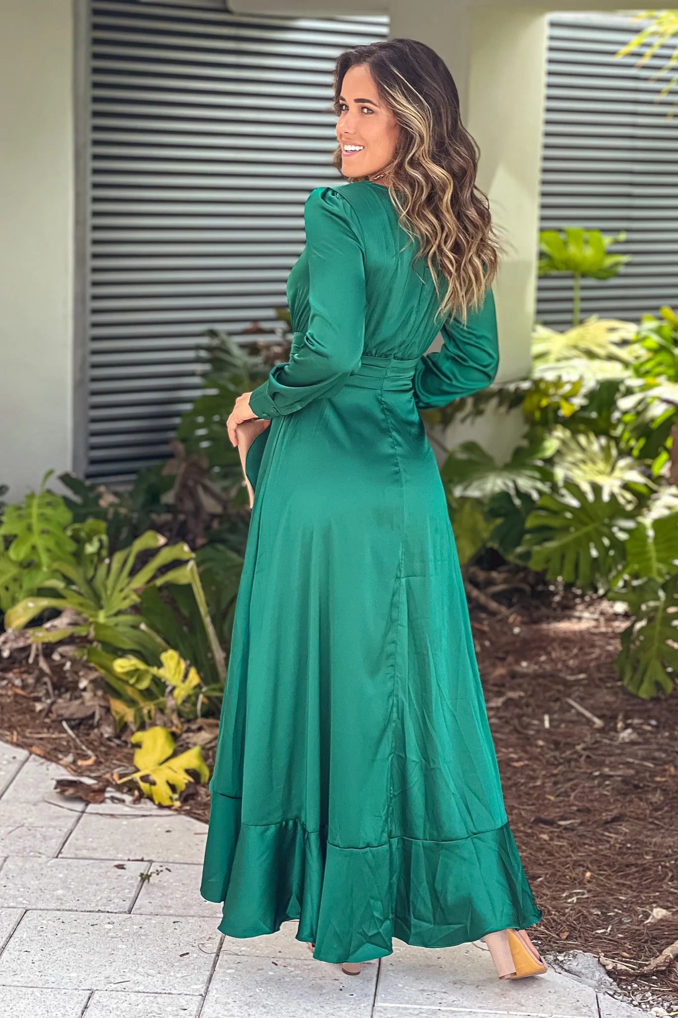 Hunter Green Satin Maxi Dress With Slit And Long Sleeves