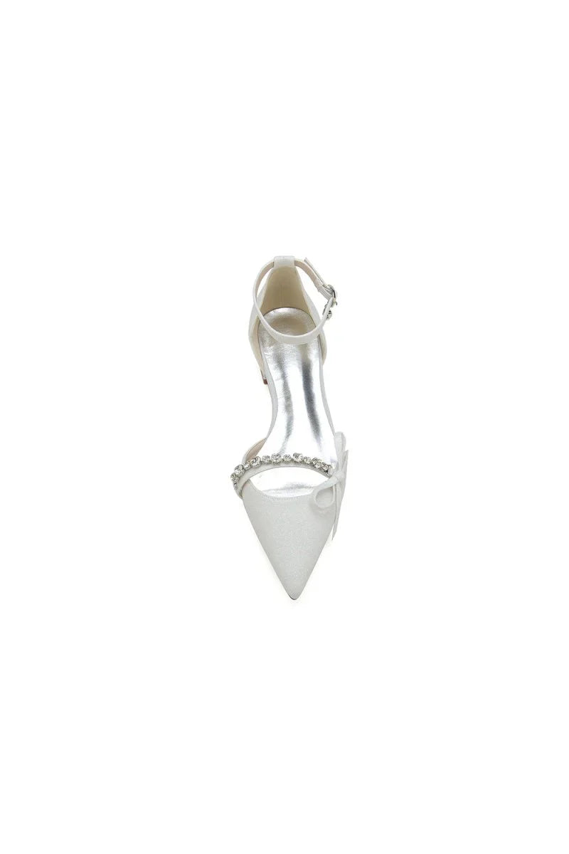 Beaded Pointed Toe Ankle Strap Wedding Shoes With Bow