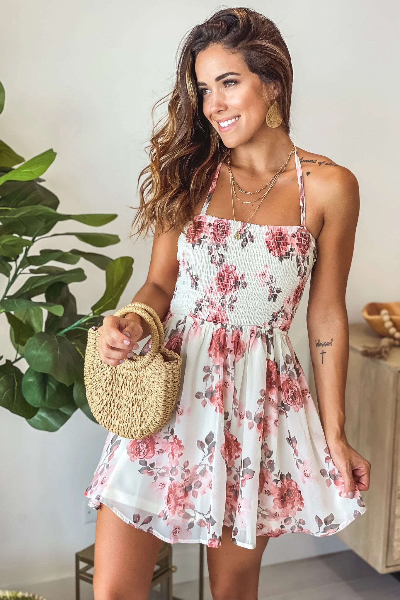 Cream Floral Smocked Top Short Dress