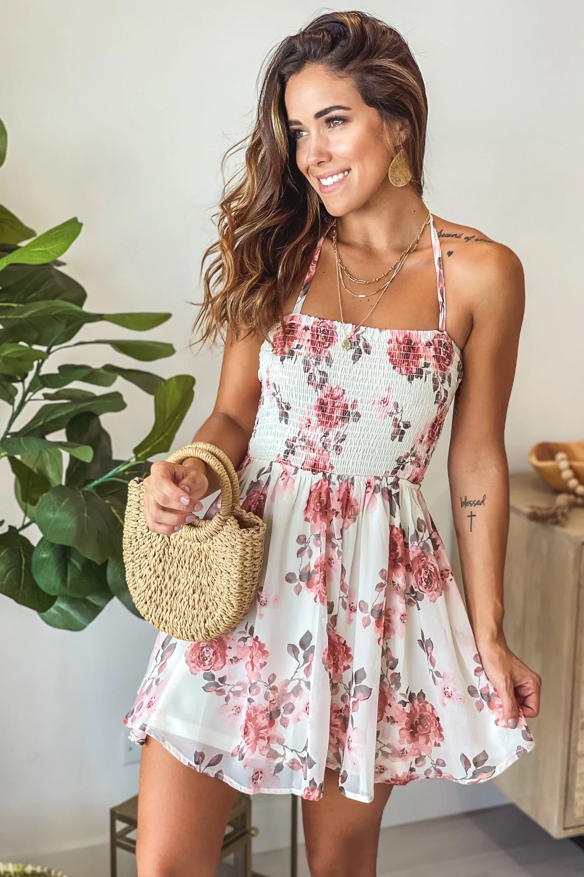 Cream Floral Smocked Top Short Dress