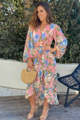 Pink Floral High Low Dress with Long Sleeves