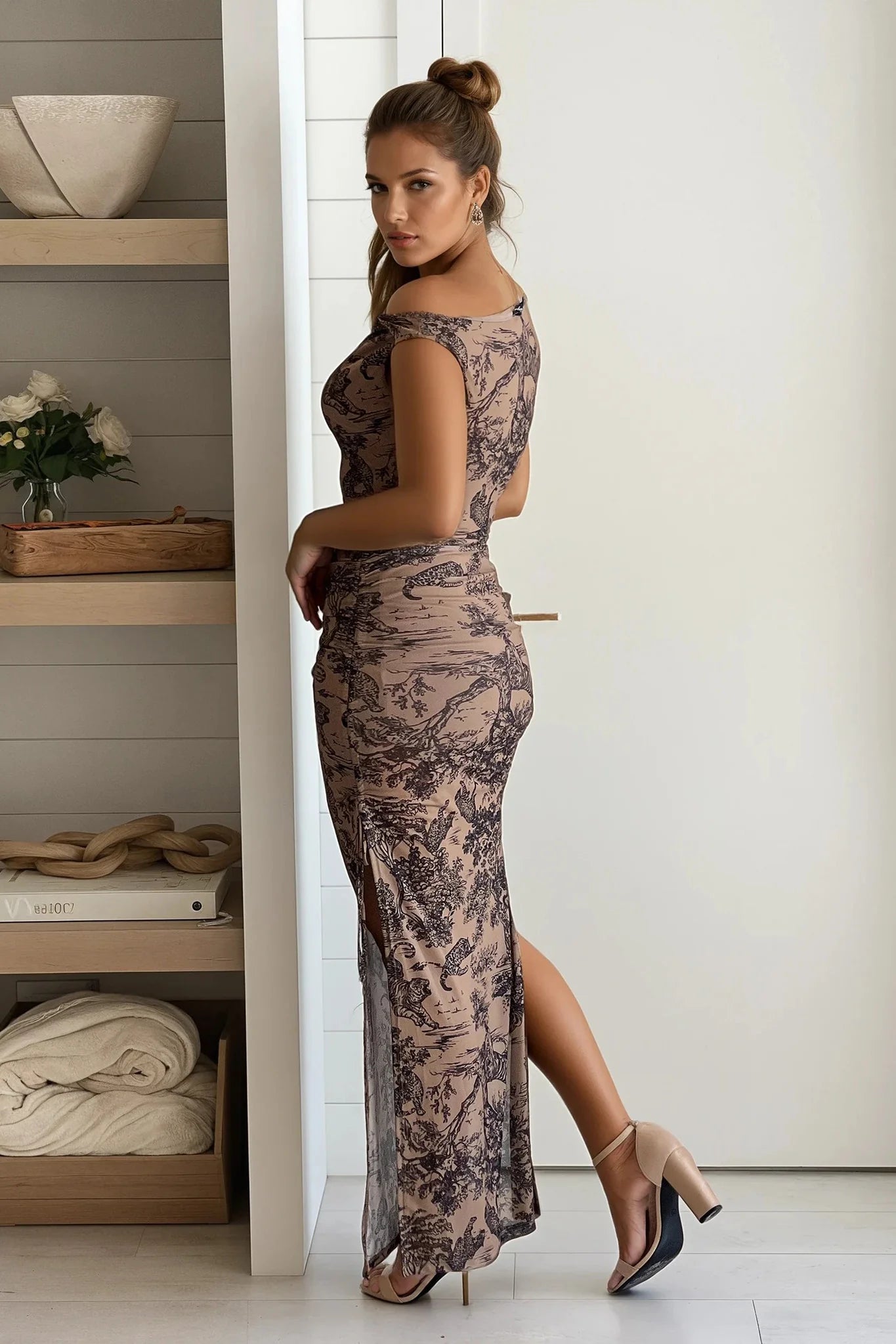 Nude Tiger Print Mesh Off Shoulder Slit Dress
