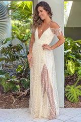 Champagne Detailed Tulle Maxi Dress