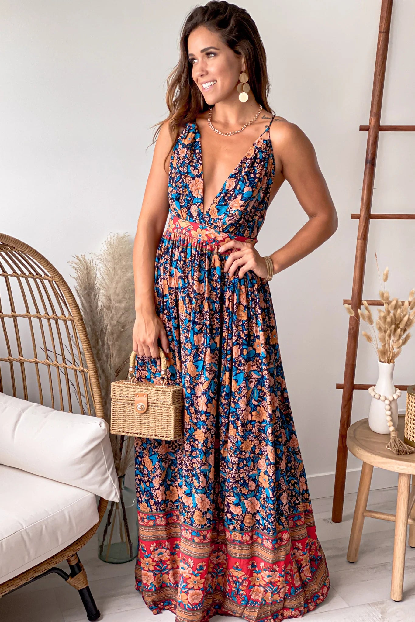 Navy Printed V Neck Maxi Dress