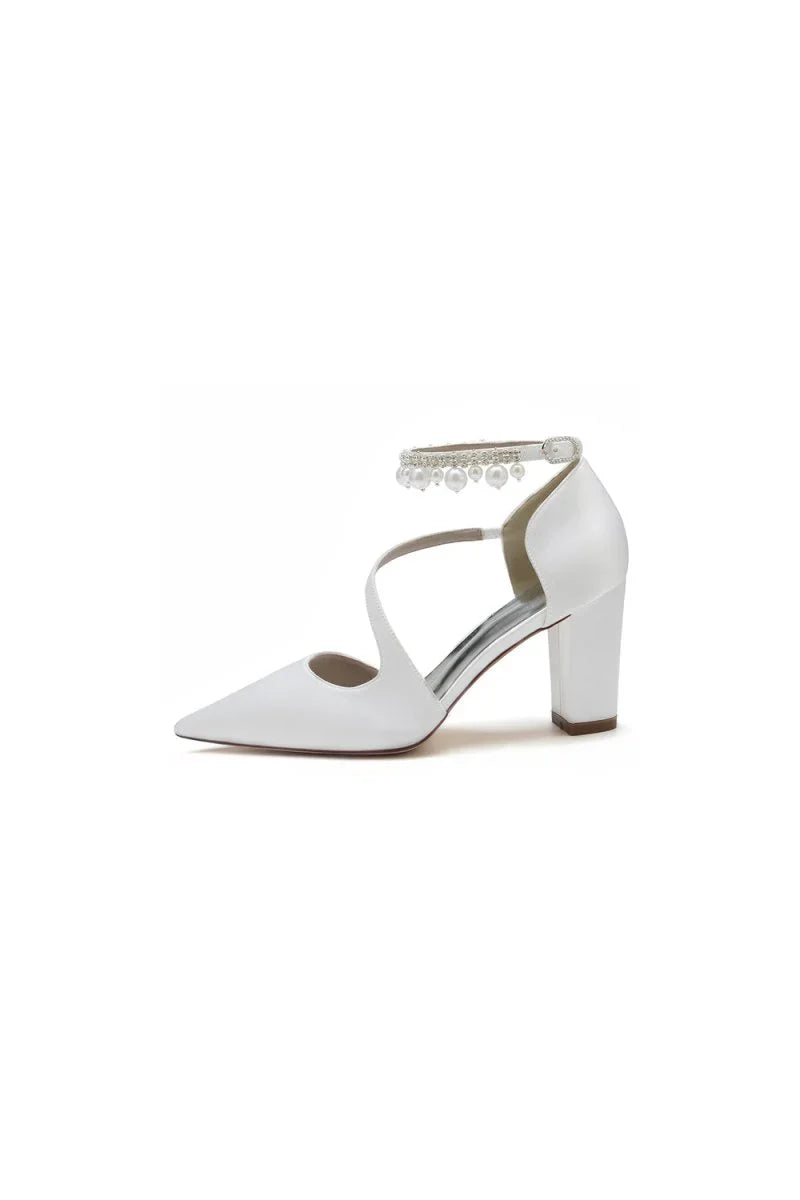 White Satin Heels with Cross Strap Design and Pearl Accented Buckle