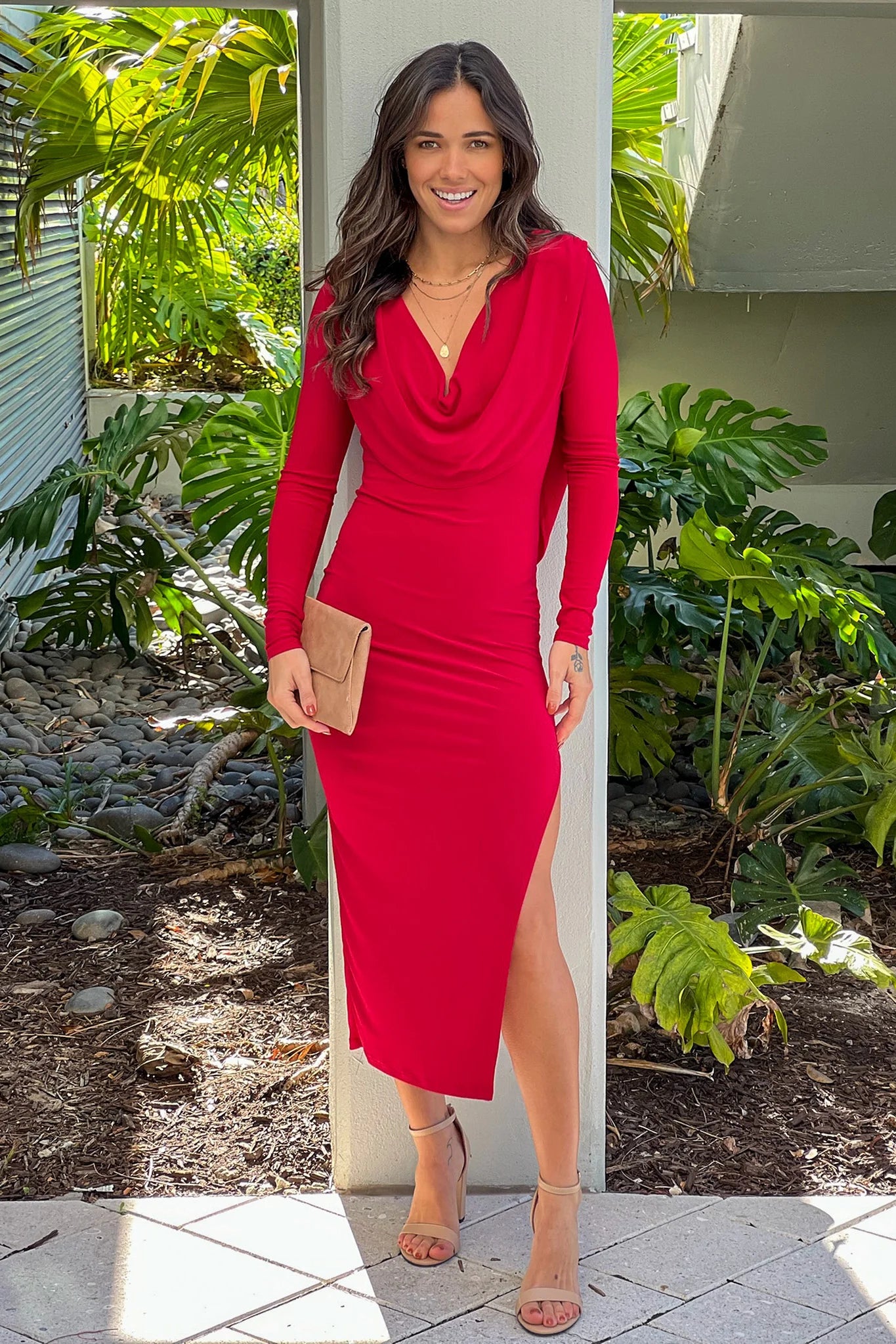 Red Cowl Neck And Back Midi Dress With Slit