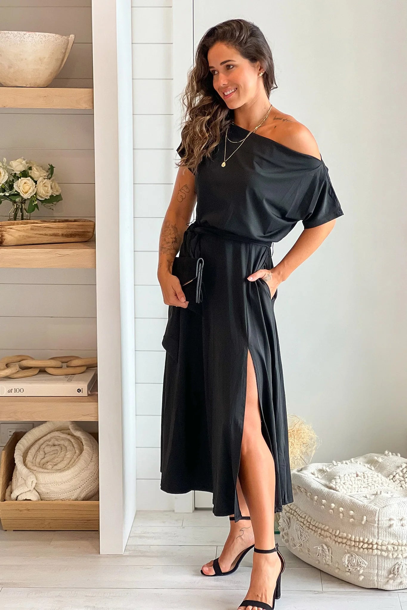 Black One Shoulder Midi Dress With Tie Waist