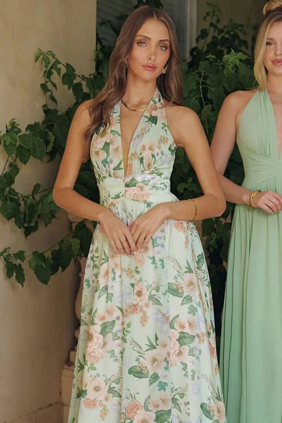 CHEYENNE GOWN SAGE FLORAL CHIFFON HALTER DRESS