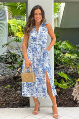 Blue Printed Button Down Dress With Slit