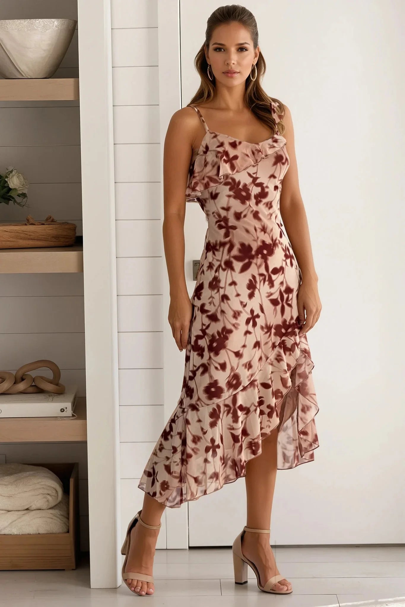 Taupe Floral Ruffle Slit Midi Dress