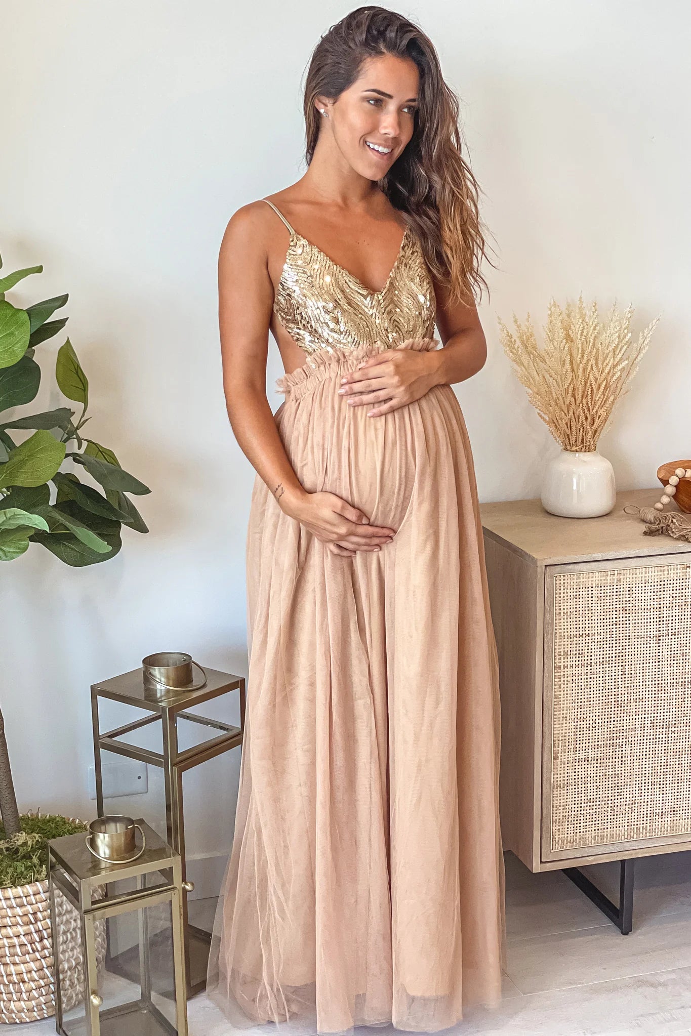 Champagne Glitter Top Maternity Tulle Maxi Dress