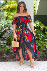 Black Floral Off Shoulder High Low Dress