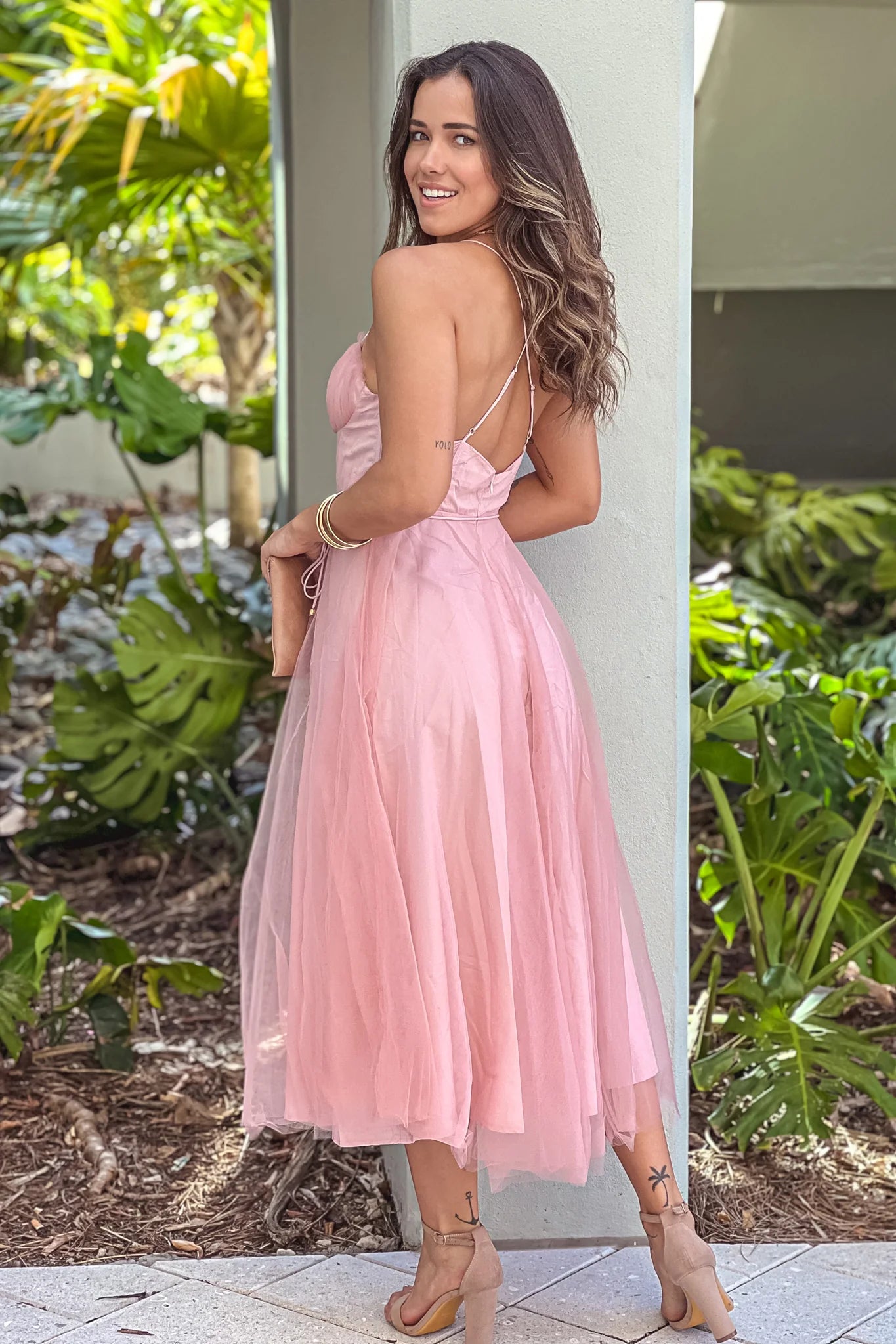 Blush Tulle Midi Dress With Lace Detail