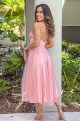 Blush Tulle Midi Dress With Lace Detail