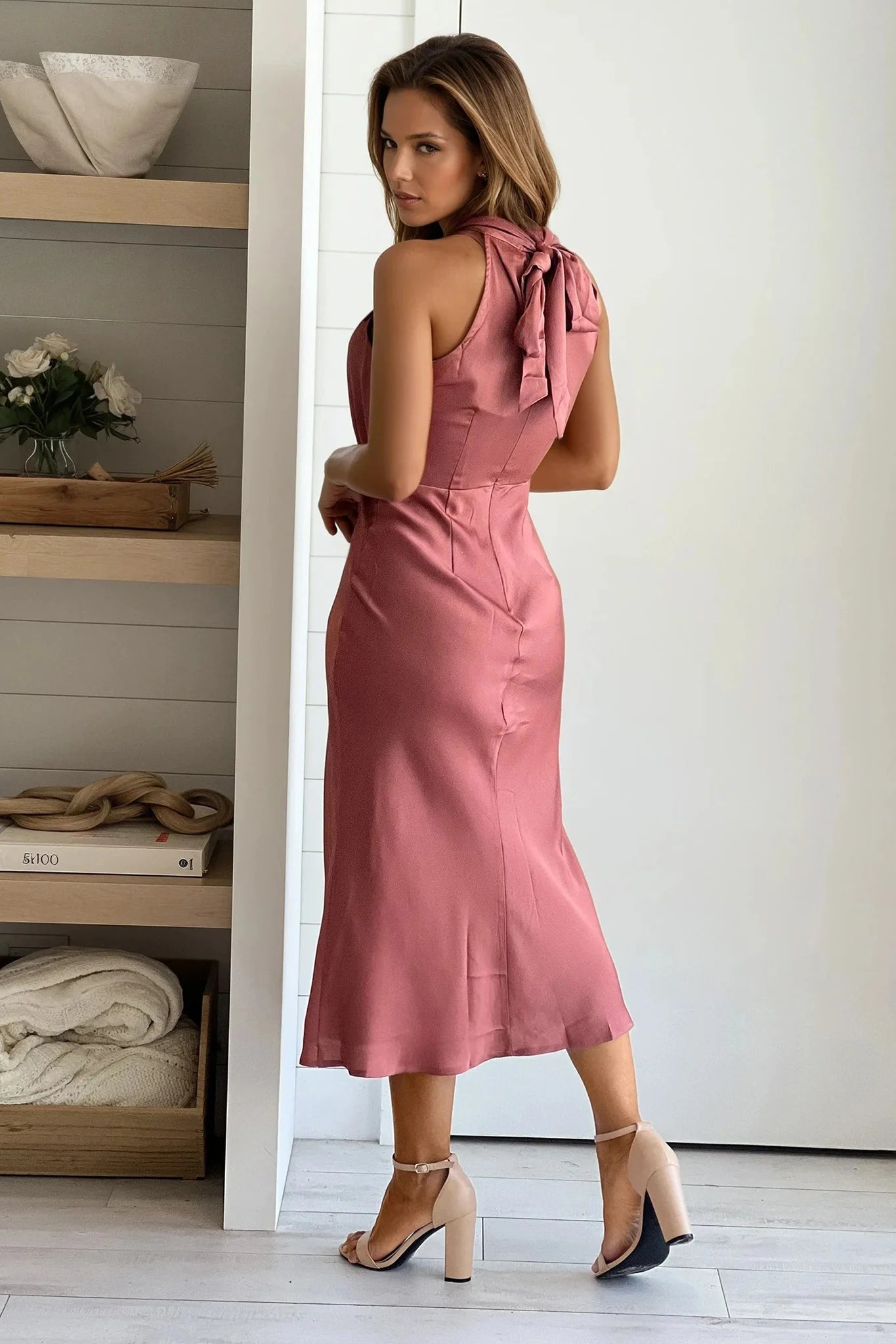 Mauve Mock Neck Satin Midi Dress