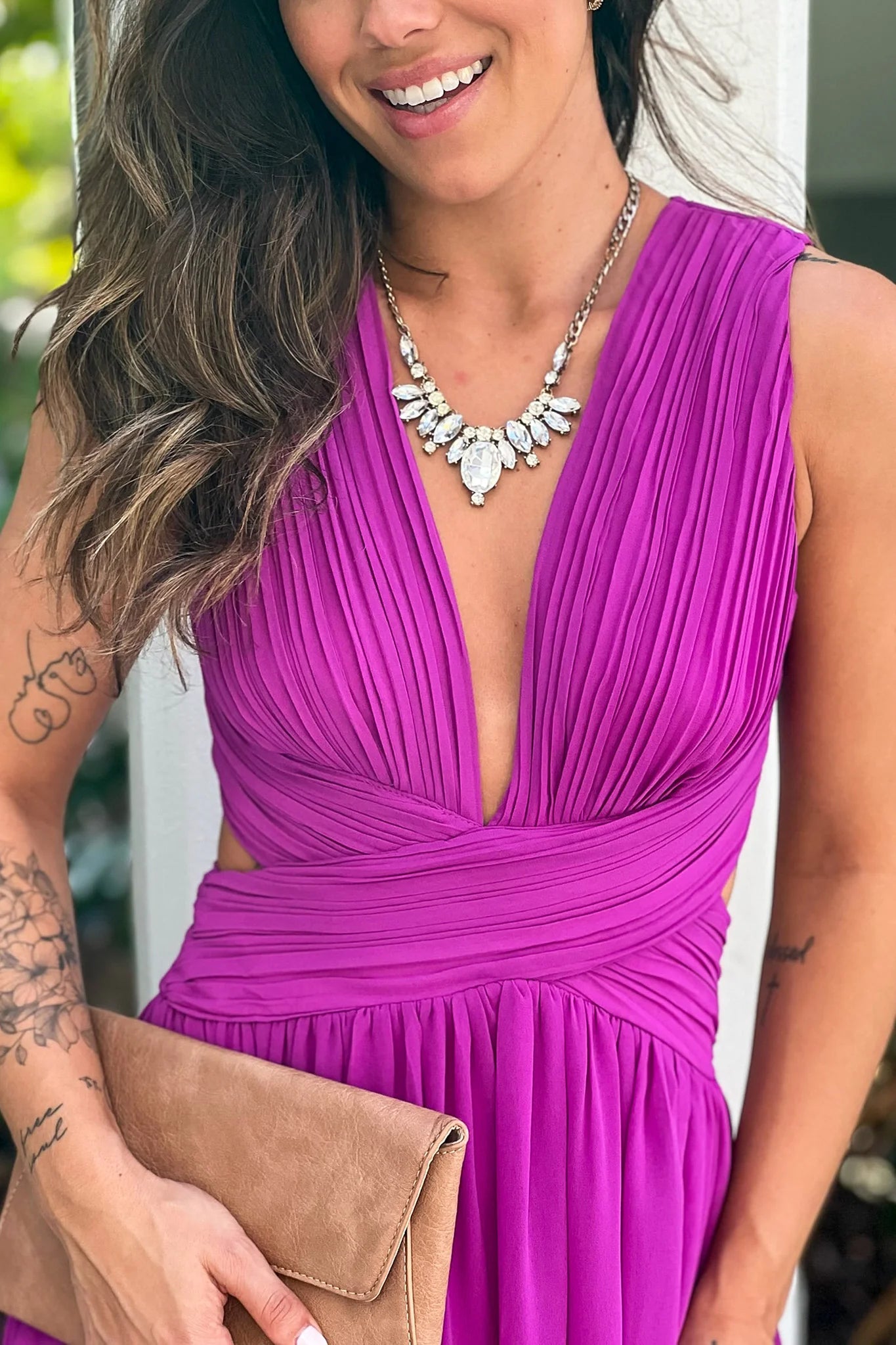Orchid V Neck Maxi Dress With Slit And Pleated Top Detail