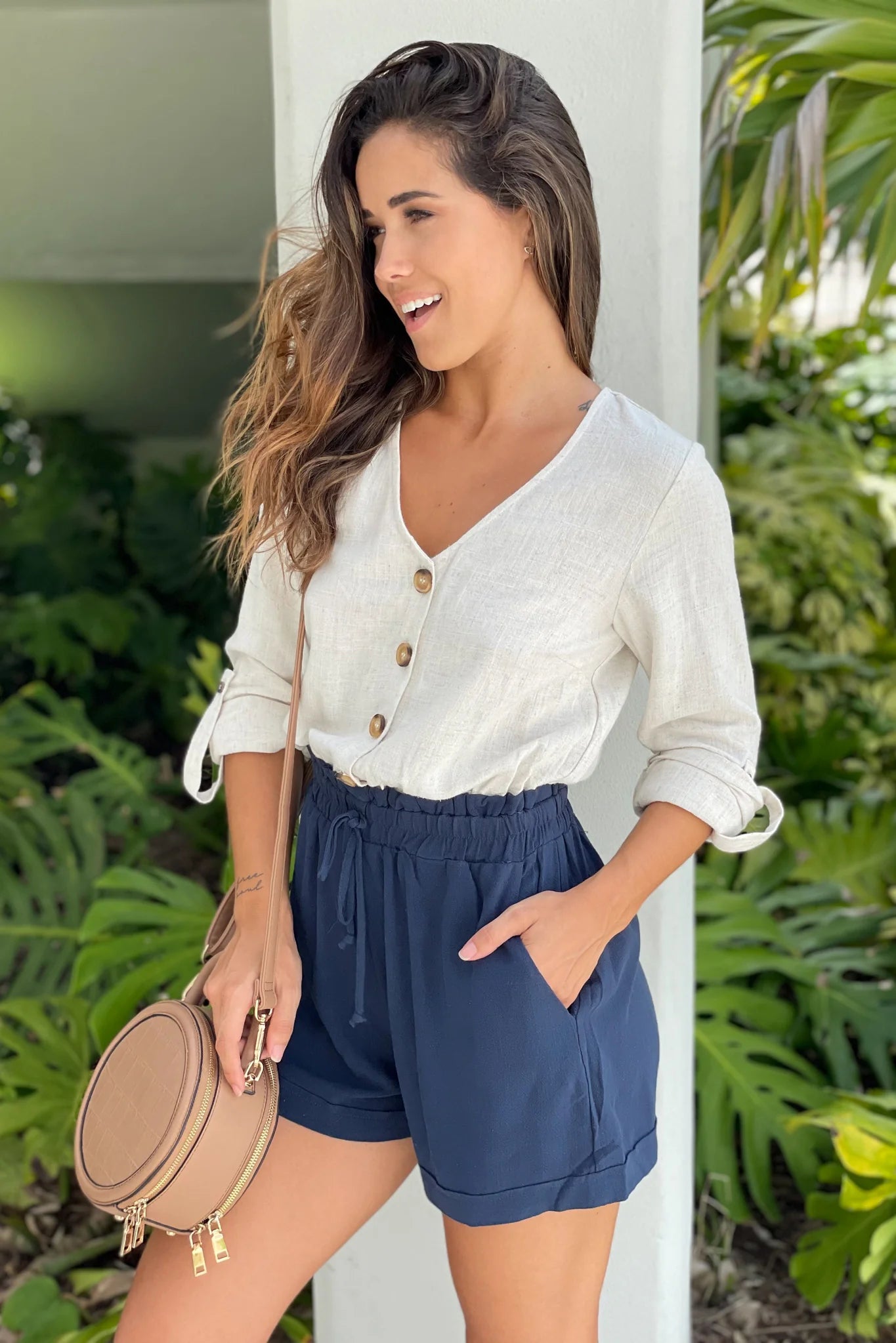 Oatmeal And Navy Button Down Romper With Long Sleeves