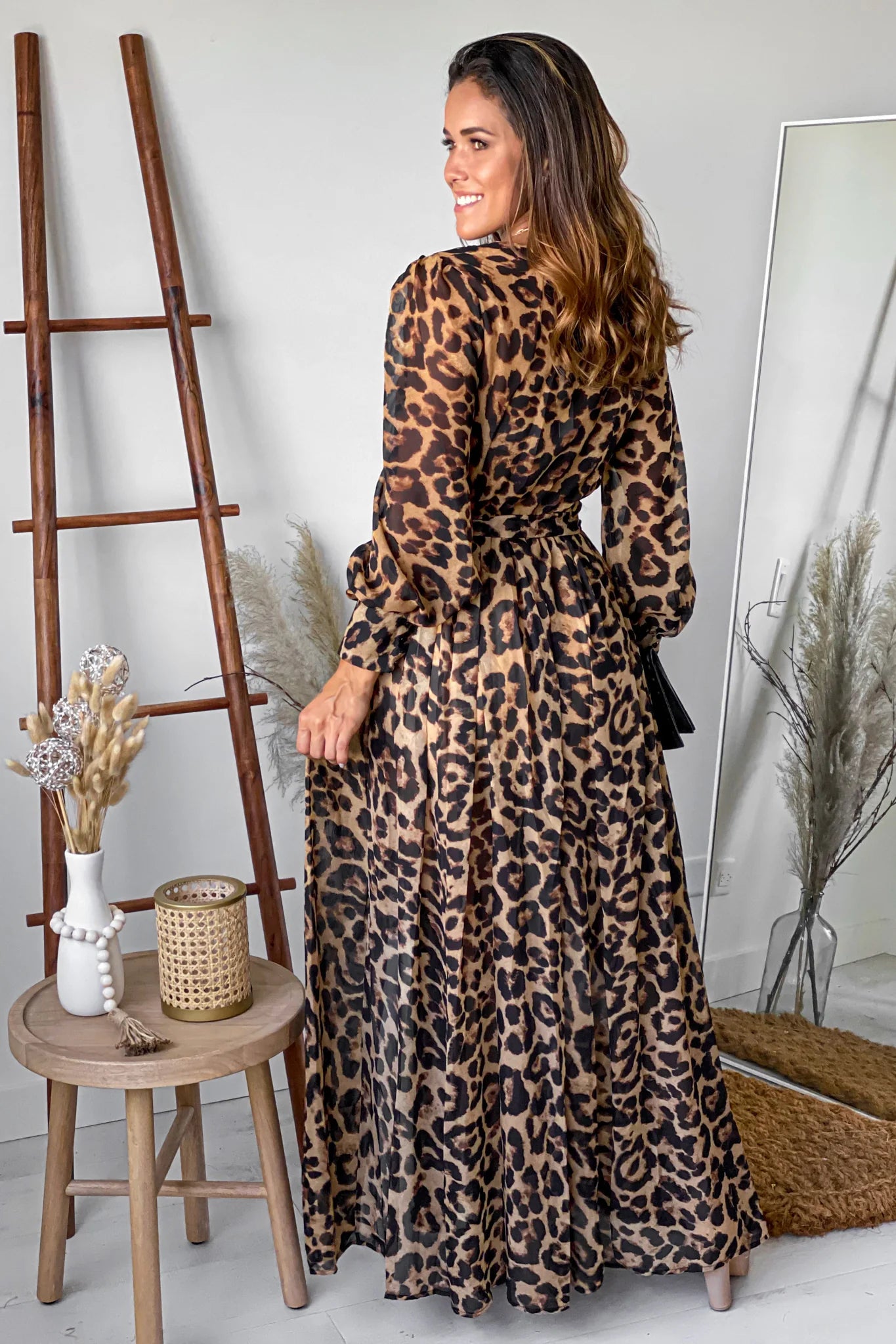 Leopard Maxi Dress With Slit And Long Sleeves
