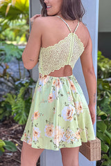 Green Floral Skater Dress With Lace Back