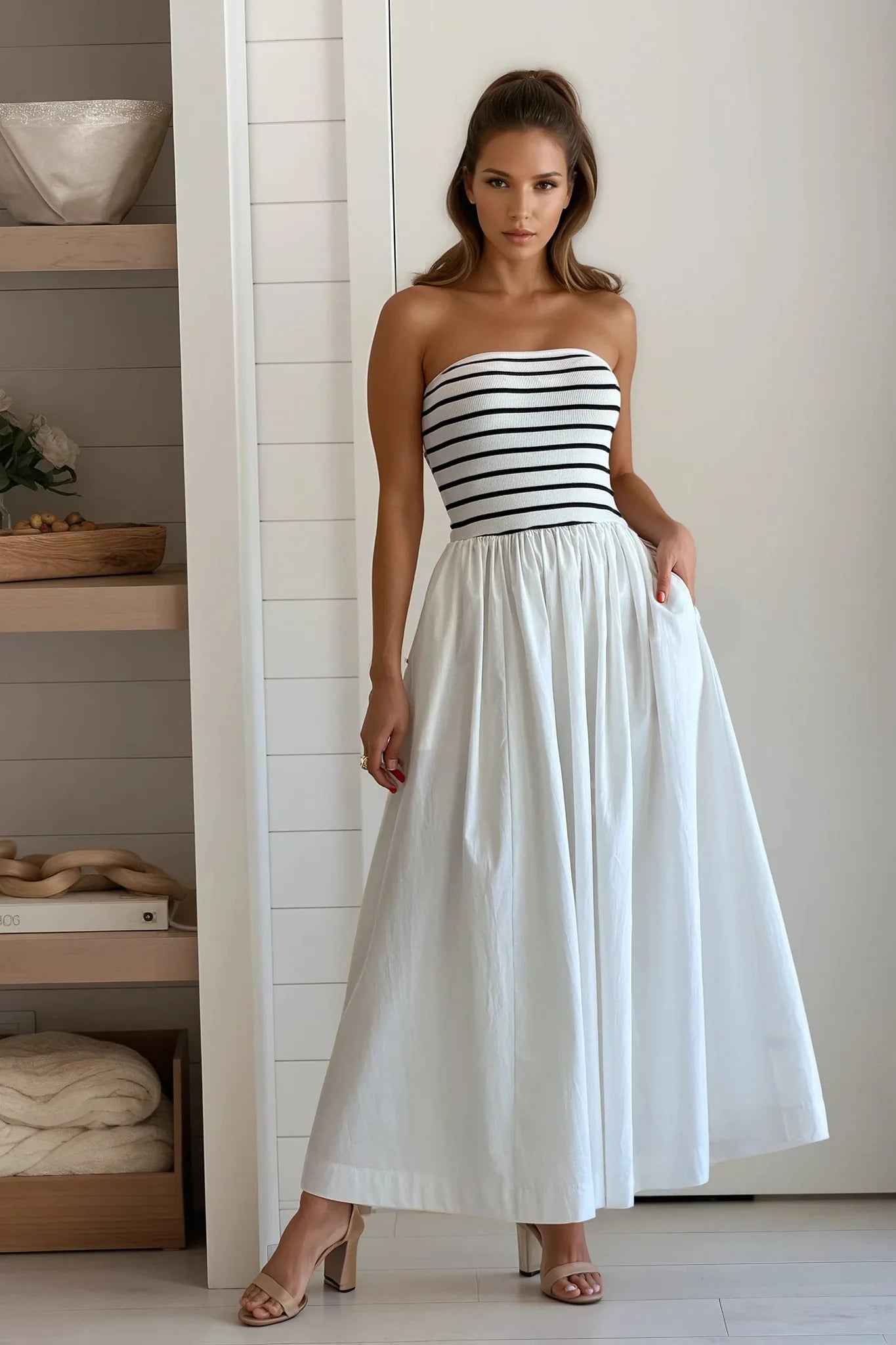 White Striped Strapless Flowy Midi Dress