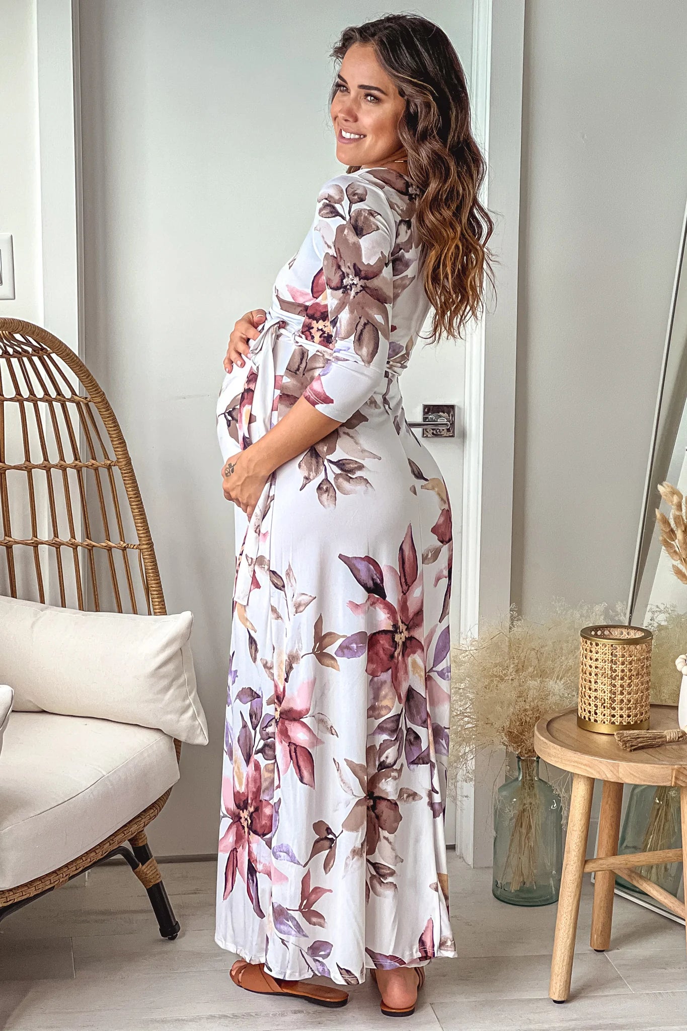 Ivory Floral Maternity Maxi Dress with Tie Back