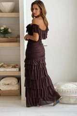 Brown Glitter Mesh Ruffled Off Shoulder Maxi Dress