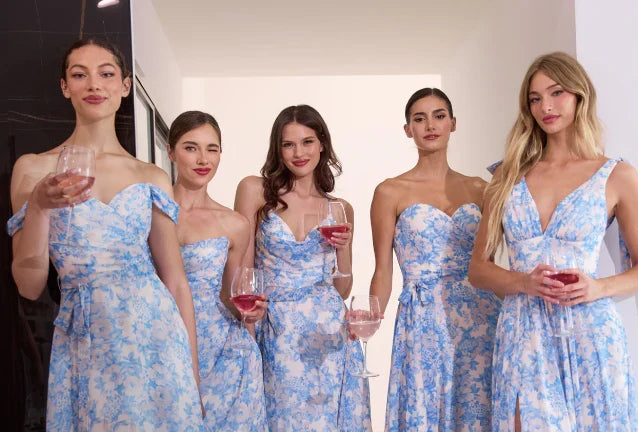 TILDA GOWN BLUE OFF THE SHOULDER FLORAL PRINTED A LINE DRESS