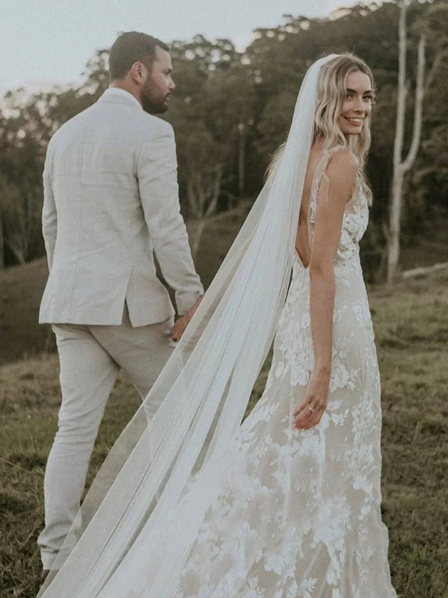 Floral Lace Appliques V Neck Sleeveless Mermaid Boho Wedding Dresses