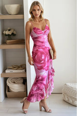 Pink Floral Mesh Dress With Ruffled Slit