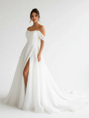 Elegant White Off the Shoulder Long Wedding Dress with Slit