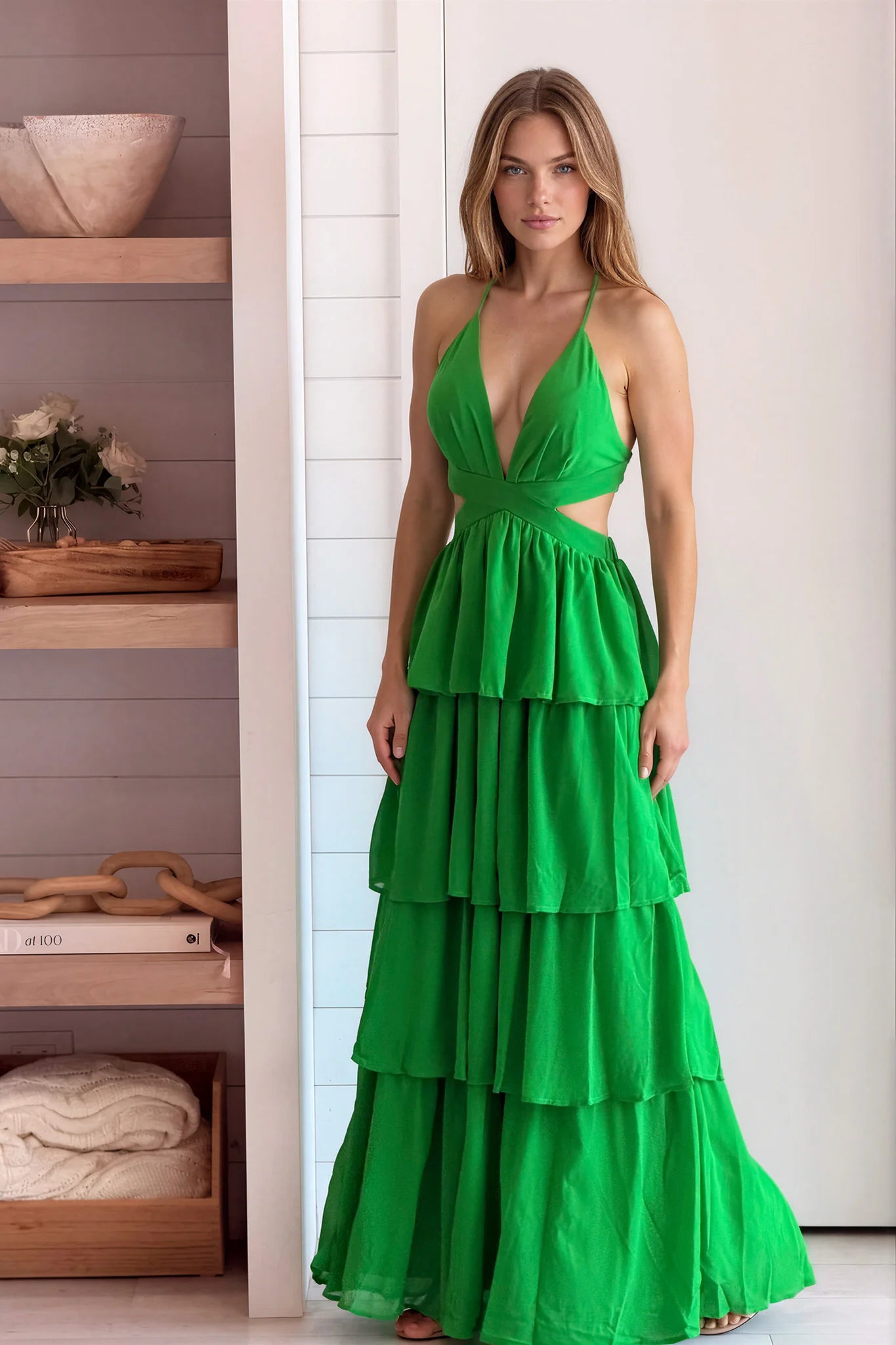 Green Layered Maxi Dress With Cut Outs