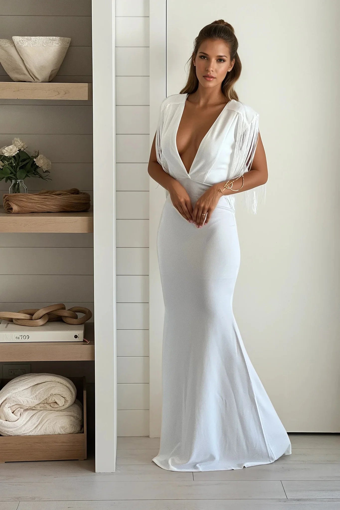 Ivory Fringe Shoulder Mermaid Maxi Dress
