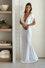 Ivory Fringe Shoulder Mermaid Maxi Dress