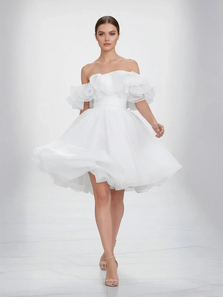 A Line Off The Shoulder Sleeveless Short Mini Organza Wedding Dresses