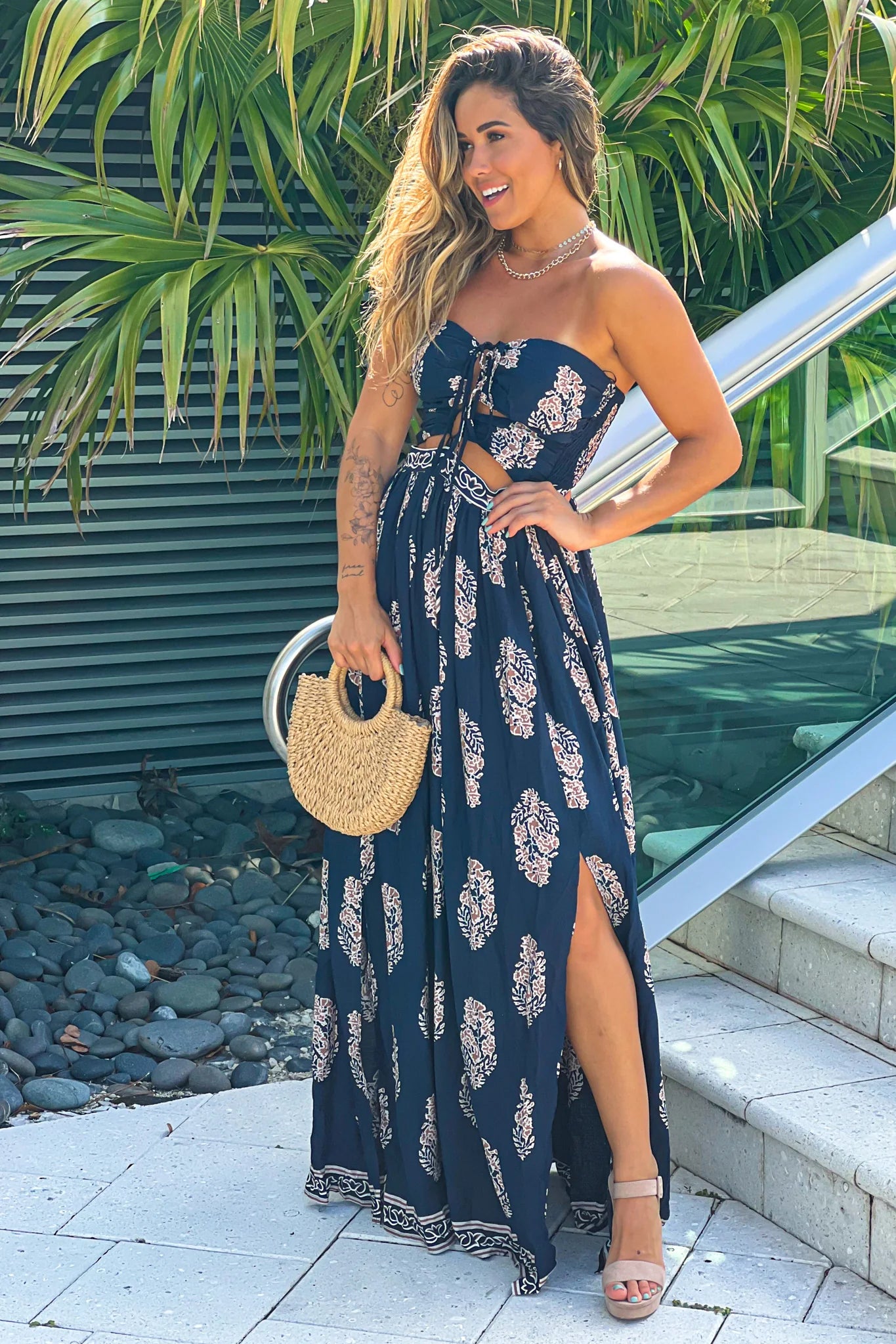 Navy Printed Strapless Maxi Dress With Cut Out